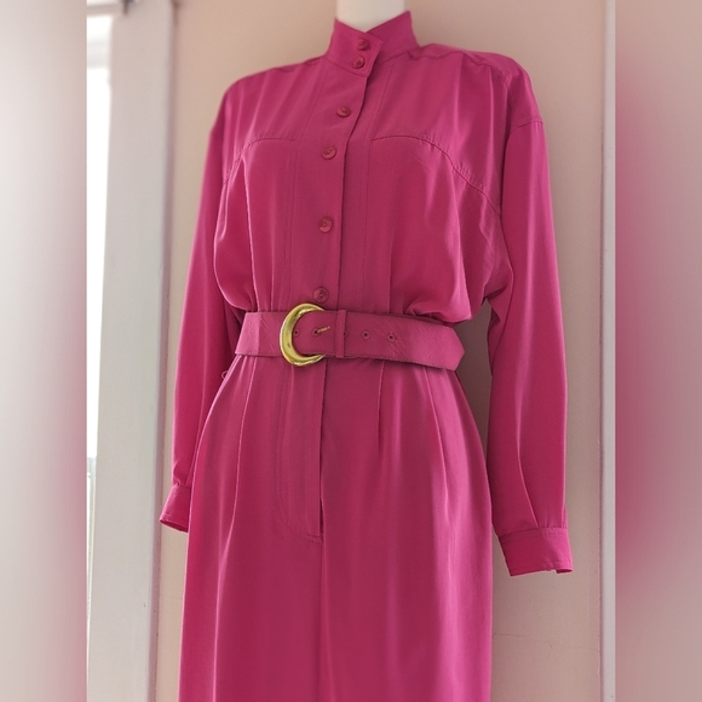 Vintage 1980's Bright Pink Dress Belted Button Down High Neck Pockets Size 10 - Picture 6 of 16